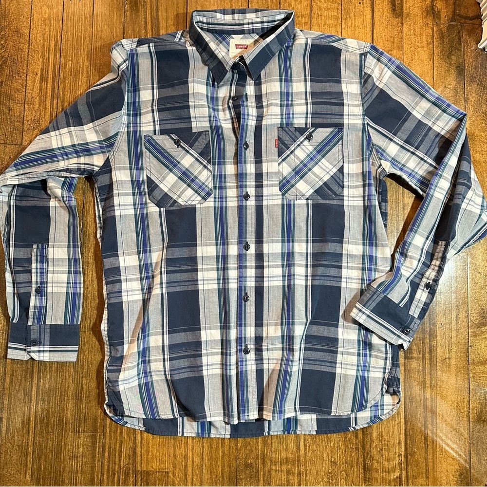 Levis Mens Blue White Plaid Long Sleeve Button Shirt Size Large